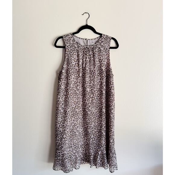 Loft Tan + Brown Cheetah Print Ruffle Trim Mini Shift Dress - Large - Picture 1 of 8
